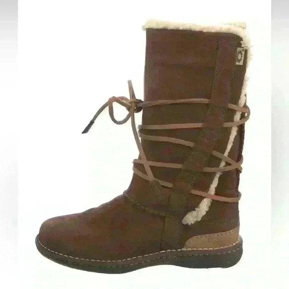 UGG Australia Catalina 1634 Brown Leather Sheepskin Winter Lace Up Boots - Picture 1 of 7